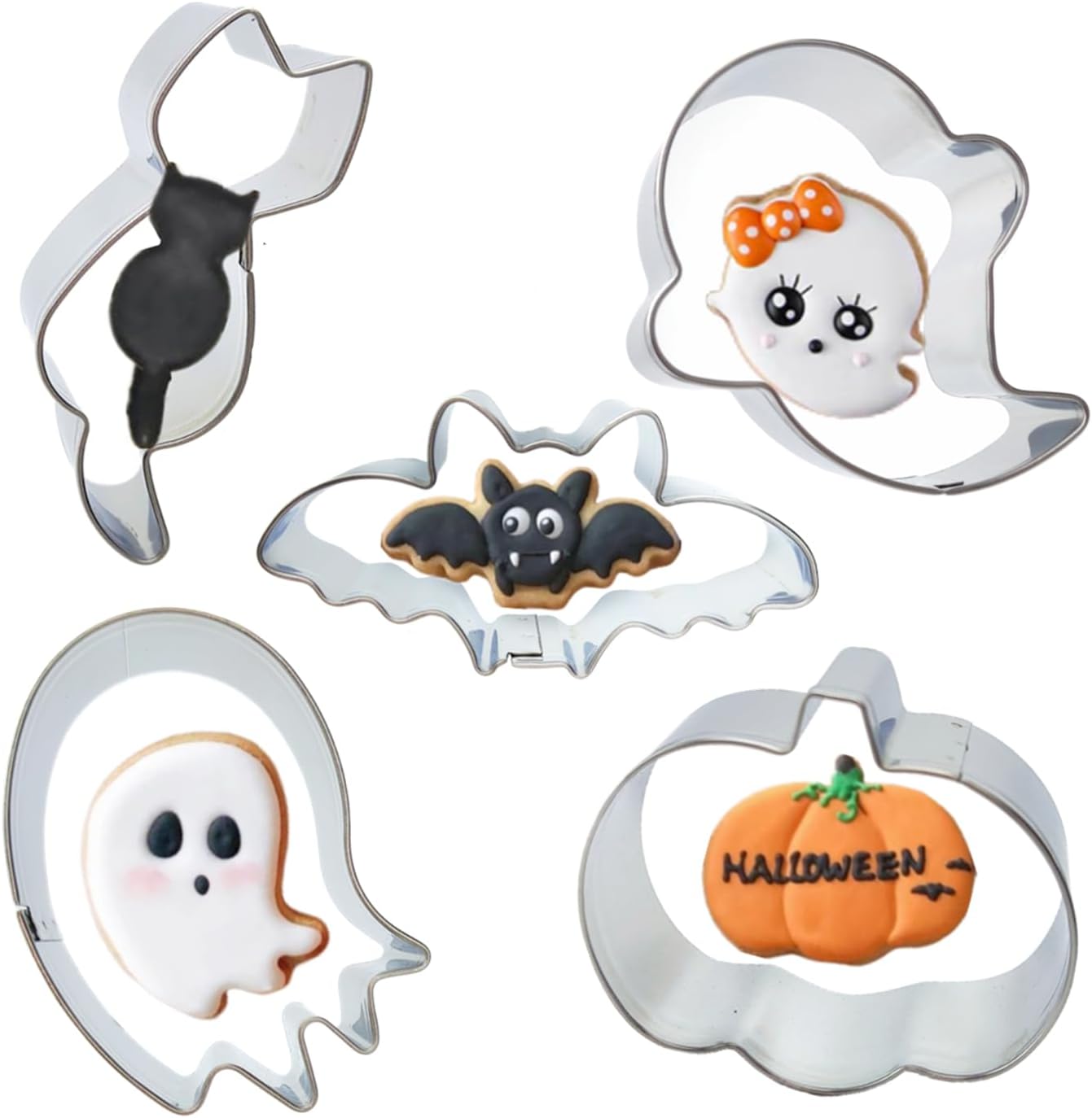 5-Piece Halloween Stainless Steel Cookie Cutter Set | Cat, Ghost, Bat, Pumpkin & More Shapes | Food-Grade Material | Ideal for Cookies, Biscuits, Fondant, Sandwich & Fruit Cutting