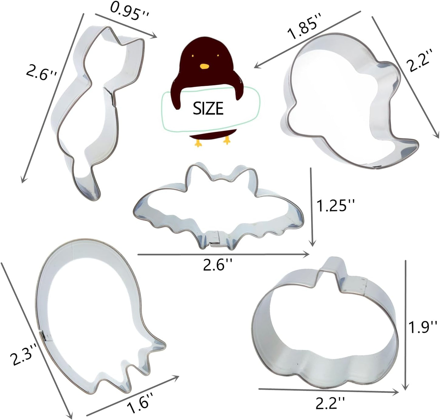 5-Piece Halloween Stainless Steel Cookie Cutter Set | Cat, Ghost, Bat, Pumpkin & More Shapes | Food-Grade Material | Ideal for Cookies, Biscuits, Fondant, Sandwich & Fruit Cutting