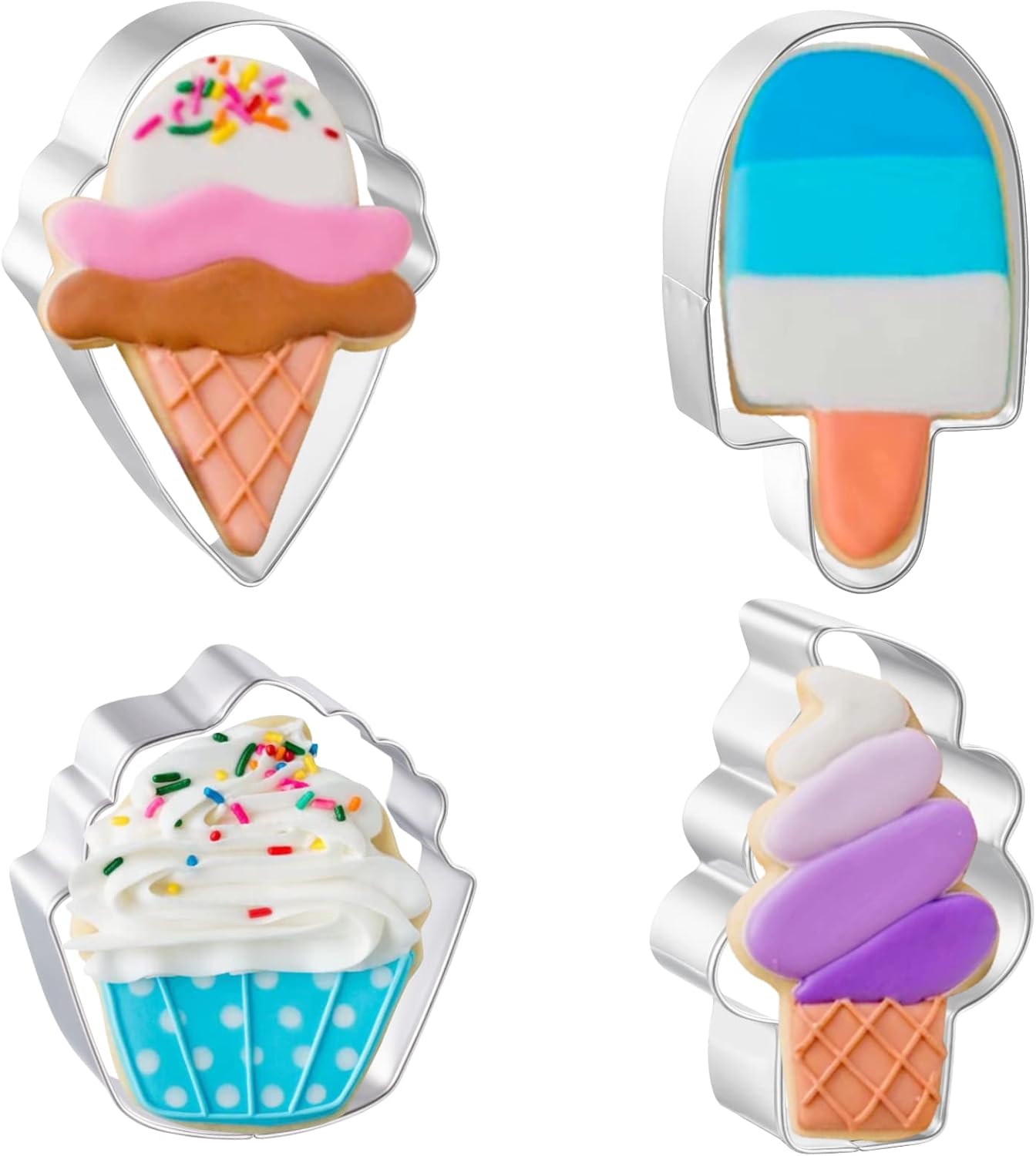 4-Piece Ice Cream Shape Stainless Steel Cookie Cutter Set | Food-Grade Material | Multiple Sizes & Designs | Perfect for Cookies, Fondant, Sandwiches & Pet Treats