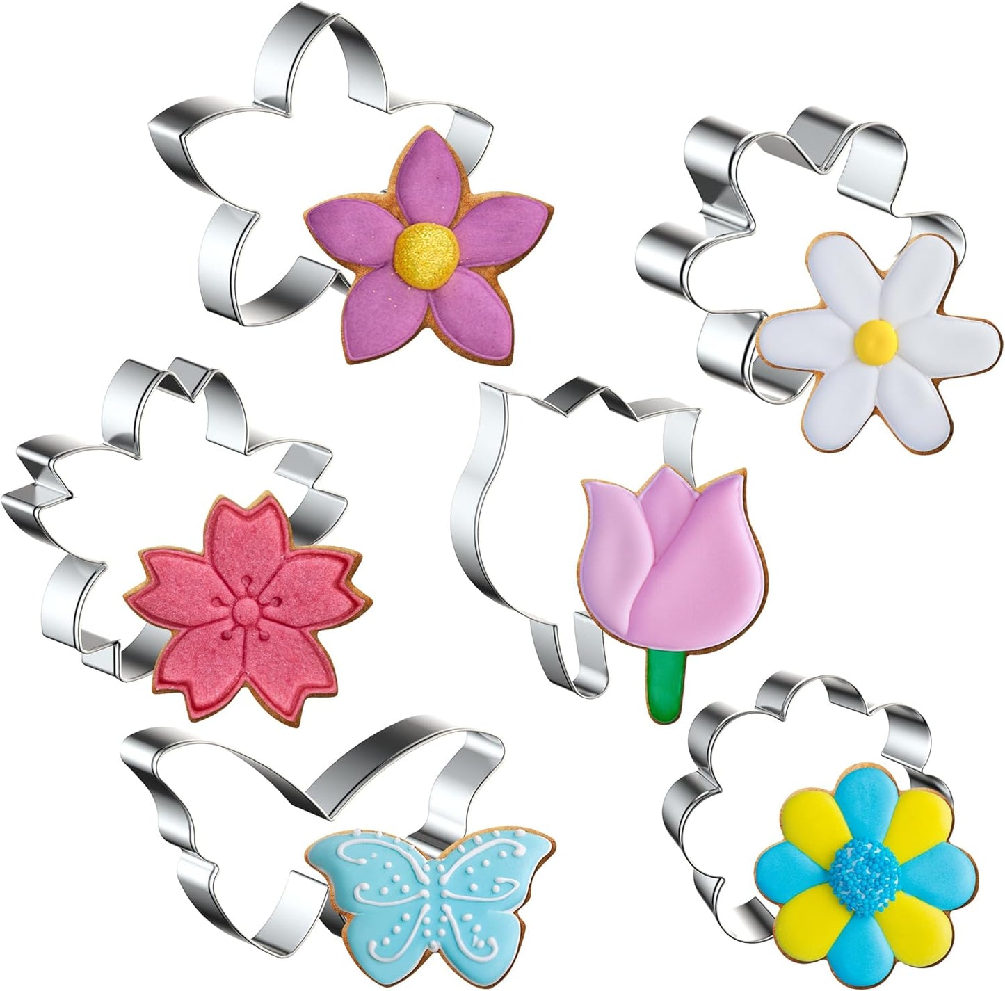 6-Piece Stainless Steel Cookie Cutter Set | Flower, Butterfly, Tulip & More Shapes | Food-Grade Material | Ideal for Cookies, Biscuits, Fondant, Sandwich & Fruit Cutting